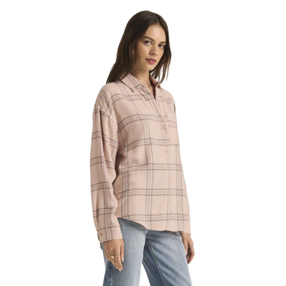 Z Supply River Plaid Button Up Shirt Blush Pink Size XL Evereve Cozy Casual